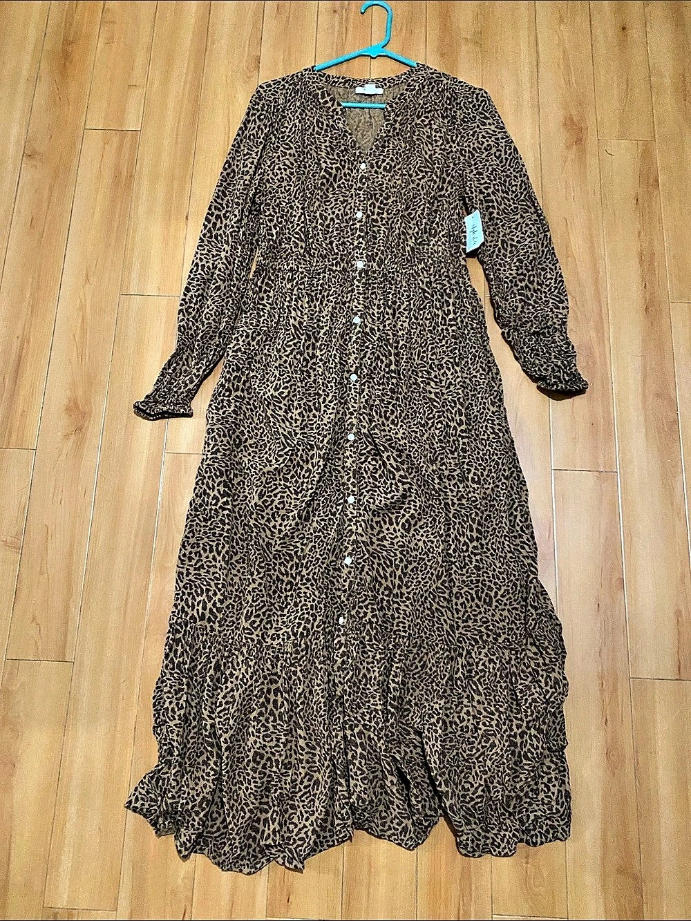 Style & Co Leopard Caramel Front Button Maxi Dress Brown & Black Small NWT